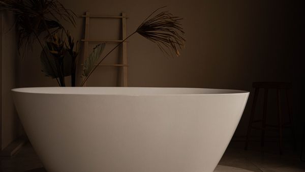 Elegant freestanding bathtub in a modern bathroom with plants and a wooden ladder.