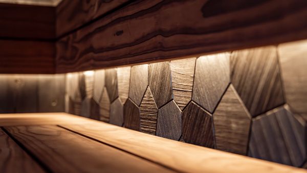 Interior of a modern sauna with LED lighting, featuring wooden benches and sleek wall panel design.