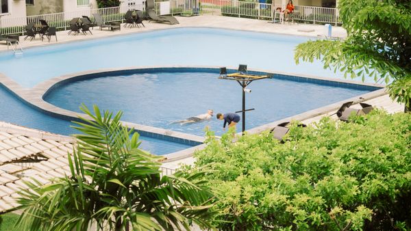 A peaceful scene with people enjoying a sunny day by a pool in Pernambuco, Brazil.