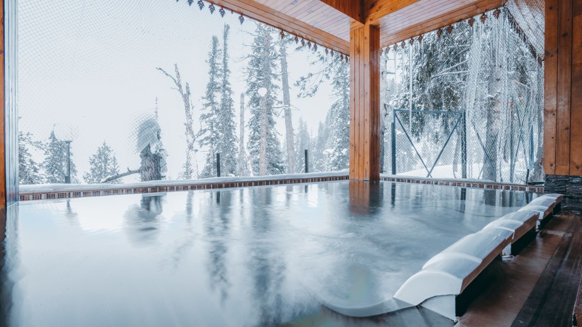 Syed Qaarif Andrabi / Pexels Serene indoor jacuzzi overlooking a snow-covered forest, perfect for relaxation.