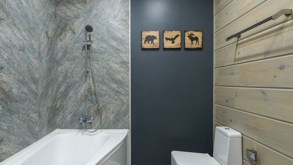 Stylish interior with bathtub shower and toilet in modern bathroom with tilled and wooden walls and decor
